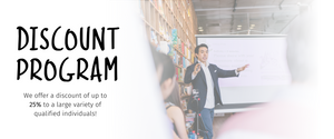 Text reads "Discount Program," "We offer a discount of up to 25% to a large variety of qualified individuals". The background fades from white, into a picture of a masculine teacher standing in front of book shelves and a whiteboard, and back into white.