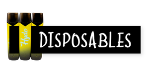A black rectangle weaves in front of and in back of three yellow Hyde disposable vapes. White text reads "Disposables".