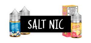 A black rectangle is flanked by two bottles of custard monster on the left and a bottle and box of lemonade monster salt nic on the right. In the black box, white text reads "salt nic"