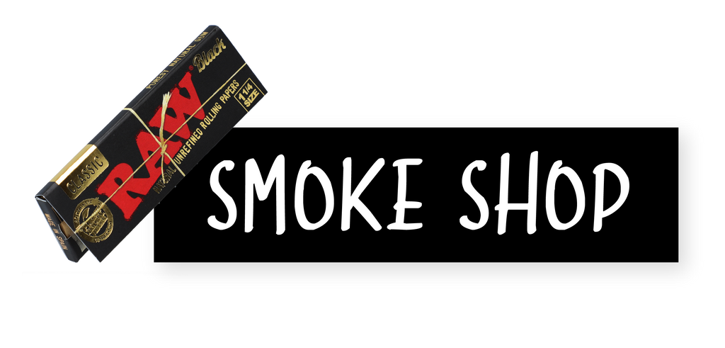A pack of Black Classic Raw rolling papers crosses in front of the top left corner of a black rectangle. Inside the black rectangle, white text reads "Smoke Shop".