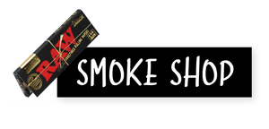 A pack of Black Classic Raw rolling papers crosses in front of the top left corner of a black rectangle. Inside the black rectangle, white text reads "Smoke Shop".