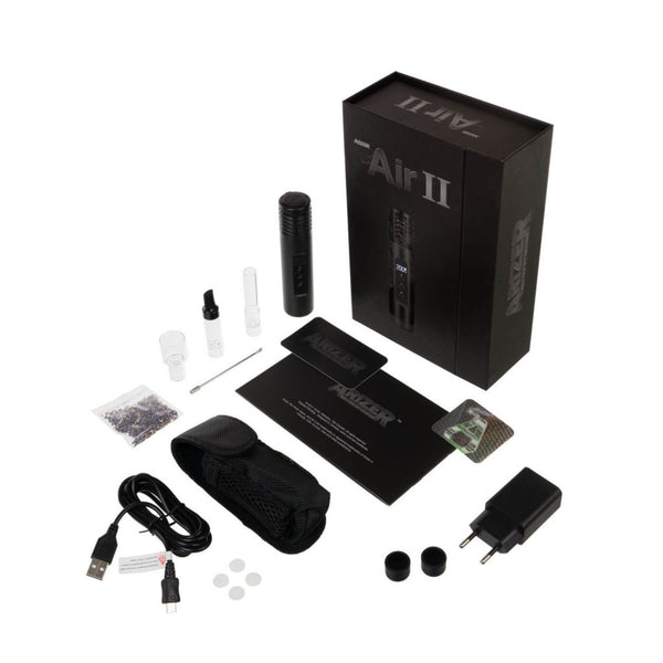 The box contents of the Arizer Air 2 Portable Herb Vaporizer are laid out on a white background.