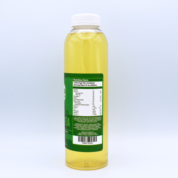 A bottle of Earth Grown Wellness brand Kratom Vitali-Tea sits on a white background with the Nutrition Facts turned to face the viewer. Green label.