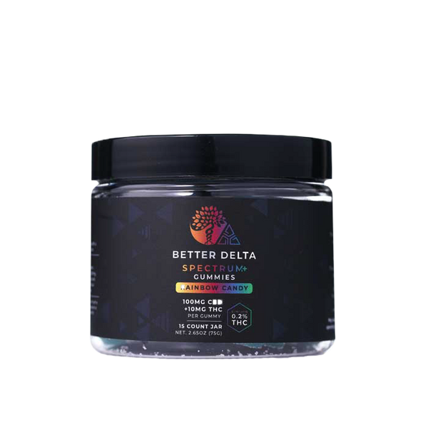 This is a picture of a jar of legal Delta 9 THC and CBD vegan time released 3rd party tested Gummies rainbow candy flavor by creating better days from there Better Delta Line