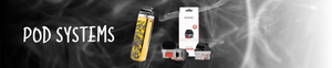 The background is a picture of smoke that fades from black to white. In the center is a photo of a yellow RPM2 pod system. To the right is a box of SMOK RPM2 pods with three empty pods in front of it. White text on the left reads "Pod Systems".