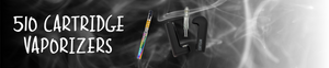 The background is a picture of smoke that fades from black to white. The center has a photo of a rainbow Cartisan-brand autodraw pen and an opened Cartisan-brand blackbox with an empty cartridge. To the left, white text reads "510 Cartridge Vaporizers".