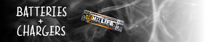 The background is a picture of smoke that fades from black to white. In the center is a photo of a single Hohm Life battery. On the left, text reads "Batteries + Chargers".