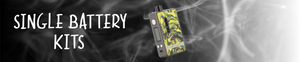 The background is a picture of smoke that fades from black to white. In the center is a photo of a LostVape Gemini 80W Kit. On the left, text reads "Single Battery Kits".
