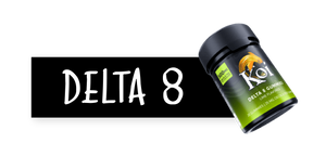A black rectangle weaves behind a bottle of Koi D8 gummies. Within the black rectangle, white text reads "Delta 8".