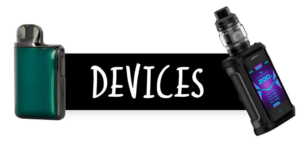 A black rectangle with the word "Devices" in white, capitalized text. In front of the rectangle, on the left is a green Suorin Ace and on the right is a black GeekVape Aegis X with a Zeus tank.