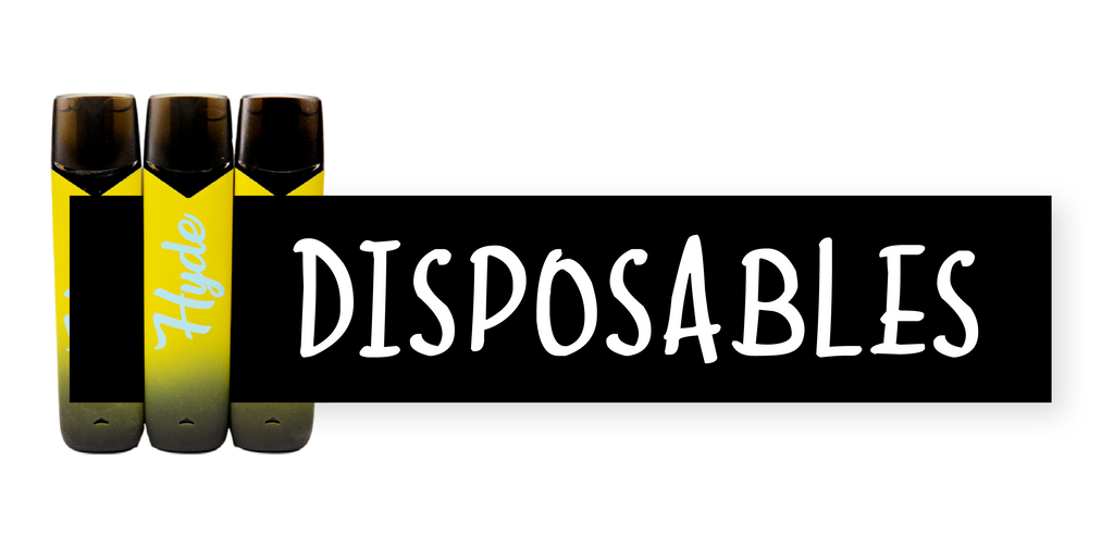 A black rectangle weaves in front of and in back of three yellow Hyde disposable vapes. White text reads "Disposables".