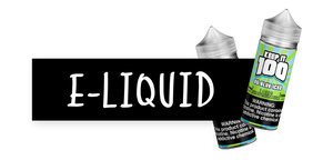 A black rectangle weaves in front of and then behind two bottles of "Keep It 100" e-liquid. Inside the black rectangle, white text reads "E-liquid".