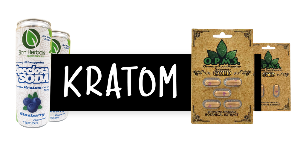 A black rectangle weaves between two cans of Speciosa Soda on the left and two OPMS Kratom Capsules on the right. Inside the black rectangle is the word "Kratom" in white.