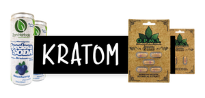 A black rectangle weaves between two cans of Speciosa Soda on the left and two OPMS Kratom Capsules on the right. Inside the black rectangle is the word "Kratom" in white.