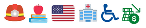 From left to right: a fireman's helmet, an apple on top of two books, a US flag, a hospital building, the disability icon, money next to a downwards-pointing arrow.