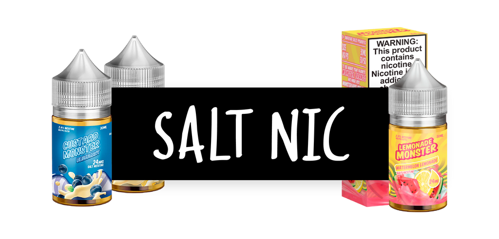 A black rectangle is flanked by two bottles of custard monster on the left and a bottle and box of lemonade monster salt nic on the right. In the black box, white text reads "salt nic"