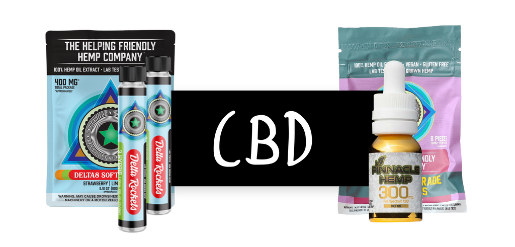 Two bags of different Helping Friendly Hemp Co. CBD Soft Chews sit behind a black rectangle containing the white letters "CBD". On the left are 2 HFH Co. CBD Prerolls and on the right is a bottle of Pinnacle Hemp's 300mg Full Spectrum CBD MCT oil tincture