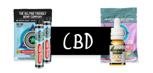 Two bags of different Helping Friendly Hemp Co. CBD Soft Chews sit behind a black rectangle containing the white letters "CBD". On the left are 2 HFH Co. CBD Prerolls and on the right is a bottle of Pinnacle Hemp's 300mg Full Spectrum CBD MCT oil tincture