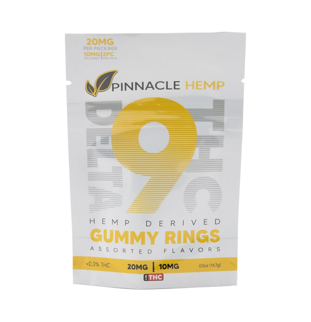 This is a white and gold bag of 20mg Delta 9 THC gummy worms from pinnacle hemp