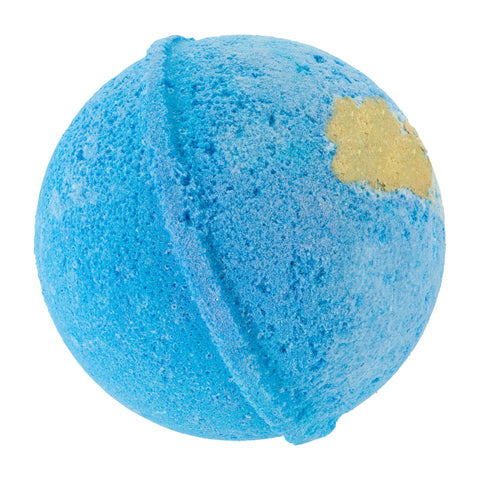 This is a picture of a eucalyptus cbd bathbomb. The bathbomb itself is blue in color.