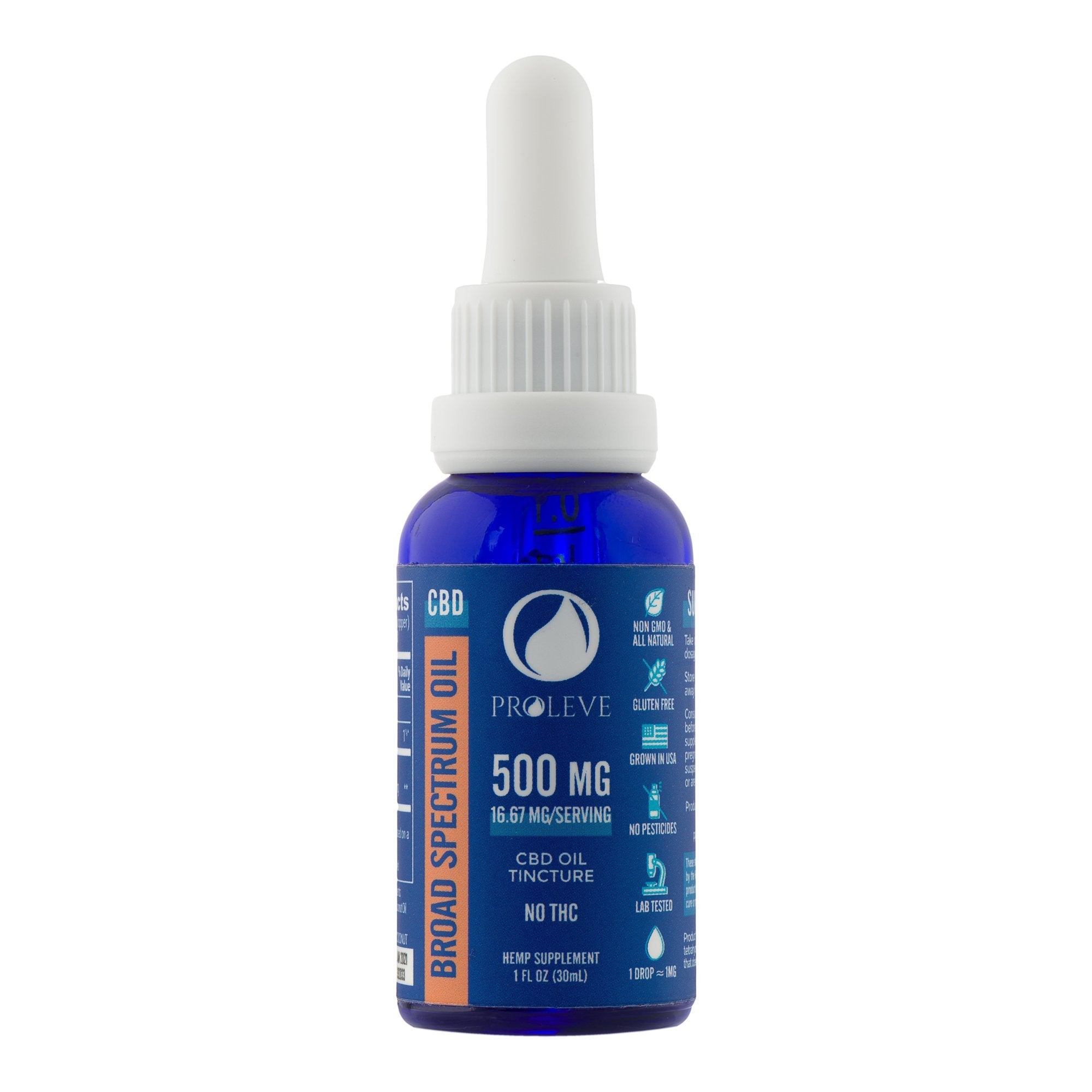 This is a blue glass bottle of 500mg broad spectrum cbd by proleve.