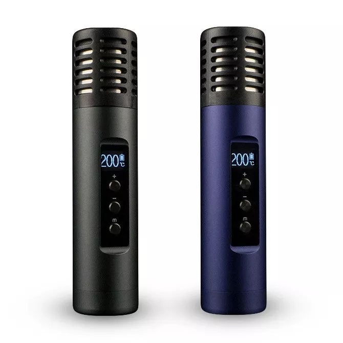 Two Arizer Air 2 Portable Herb Vaporizers sit next to each other on a white background. One is black and the other is blue.