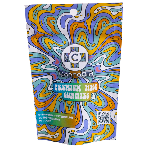 This is a picture of a 10ct bag of 20mg HHC gummies in strawberry watermelon flavor by CannaAid