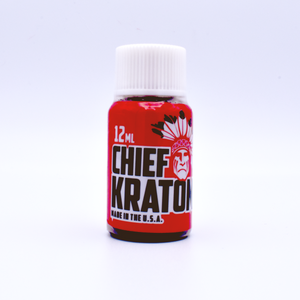 A single 12ml bottle of Chief Kratom is on a white background. The label is red and has a drawing of a stereotypical "Indian Chief" wearing a war bonnet and face paint.