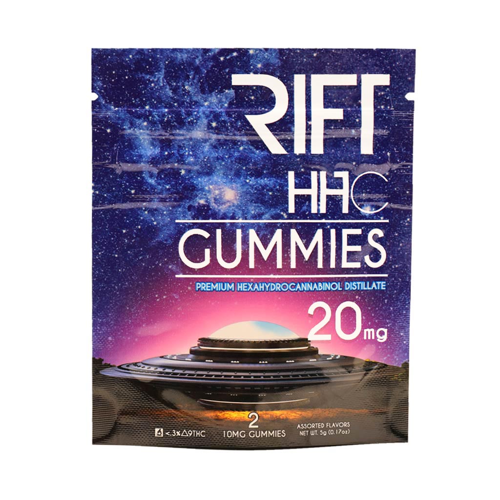 This is a picture of a package of HHC gummies by rift/pinnacle hemp. This pouch contains 2 10mg gummies for a total of 20mg.