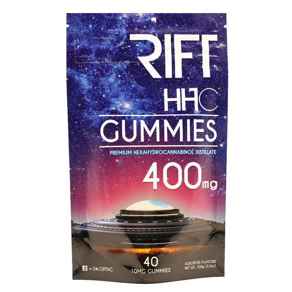 This is a picture of a package of HHC gummies by rift/pinnacle hemp. This pouch contains 40 10mg gummies for a total of 400mg.