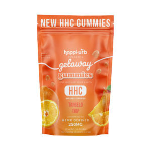 This is a picture of a bag of 25mg HHC gummies totaling 250mg per bag as a happy and urb extrax collab in tangelo trip flavor.