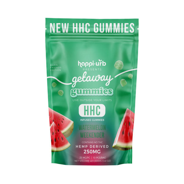 This is a picture of a bag of 25mg HHC gummies totaling 250mg per bag as a happy and urb extrax collab in watermelon weekenderflavor.