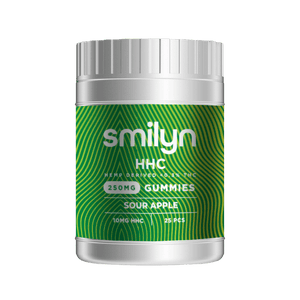 This is a picture of a jar of HHC gummies in Sour Apple flavor by Smilyn/Hellfire. Each container holds 25 pieces of HHC gummies with 10mg per piece for a total of 250mg per jar.