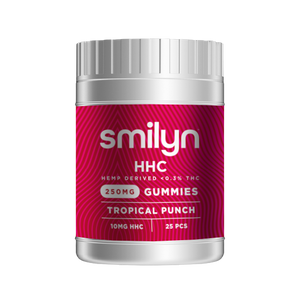 This is a picture of a jar of HHC gummies in Tropical Fruit flavor by Smilyn/Hellfire. Each container holds 25 pieces of HHC gummies with 10mg per piece for a total of 250mg per jar.