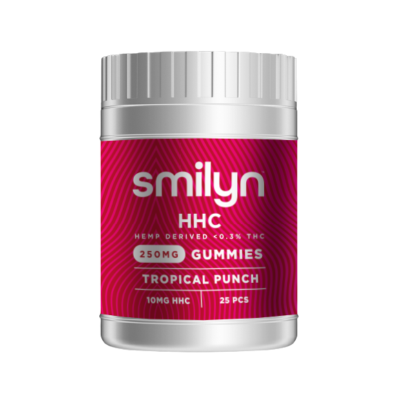 This is a picture of a jar of HHC gummies in Tropical Fruit flavor by Smilyn/Hellfire. Each container holds 25 pieces of HHC gummies with 10mg per piece for a total of 250mg per jar.