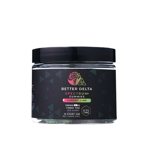 This is a picture of a jar of legal Delta 9 THC and CBD vegan time released 3rd party tested Gummies cherry lime flavor by creating better days from there Better Delta Line