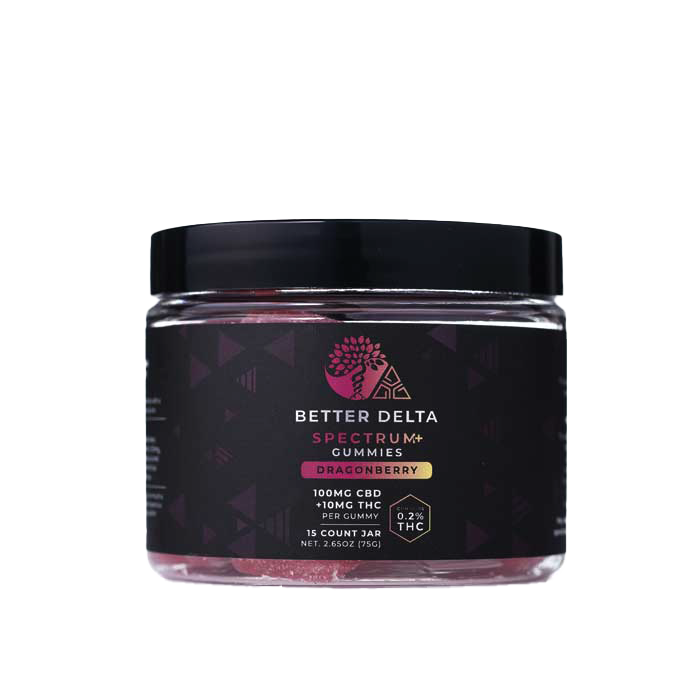 This is a picture of a jar of legal Delta 9 THC and CBD vegan time released 3rd party tested Gummies dragon berry flavor by creating better days from there Better Delta Line