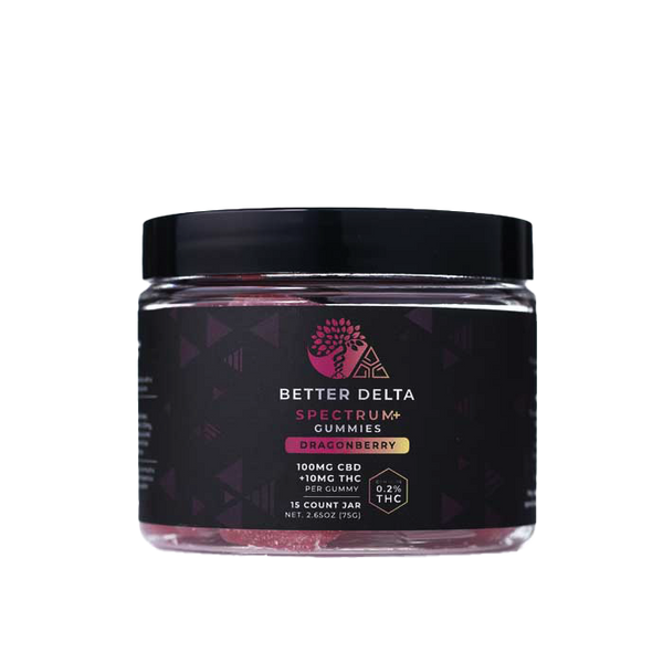 This is a picture of a jar of legal Delta 9 THC and CBD vegan time released 3rd party tested Gummies dragon berry flavor by creating better days from there Better Delta Line