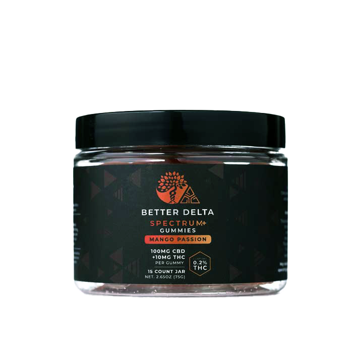 This is a picture of a jar of legal Delta 9 THC and CBD vegan time released 3rd party tested Gummies mango passion flavor by creating better days from there Better Delta Line