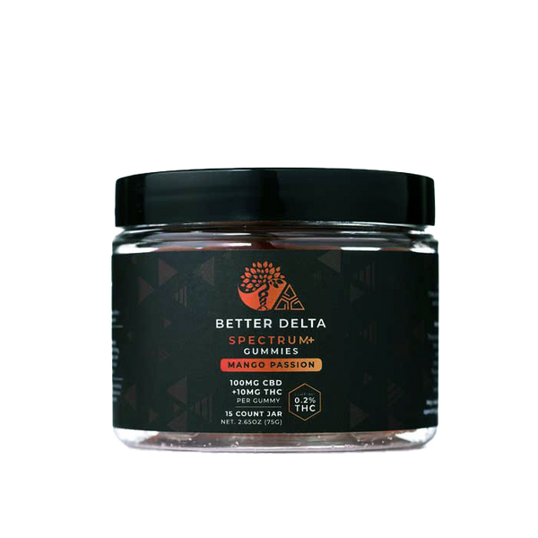This is a picture of a jar of legal Delta 9 THC and CBD vegan time released 3rd party tested Gummies mango passion flavor by creating better days from there Better Delta Line