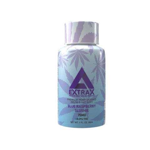 This is a picture of a bottle of Delta 9 THC  blue raspberry flavor by Delta Extrax