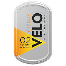 This is a picture of a can of Velo 2mg Nicotine pouches in citrus flavor
