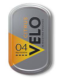 This is a picture of a can of Velo 4mg Nicotine pouches in citrus  flavor